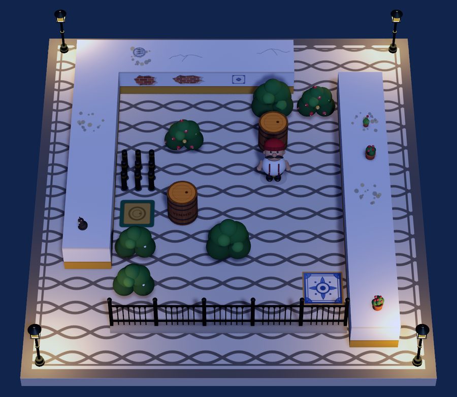 A square in Gaia at night, the street lamps lit and a block of pilaretes