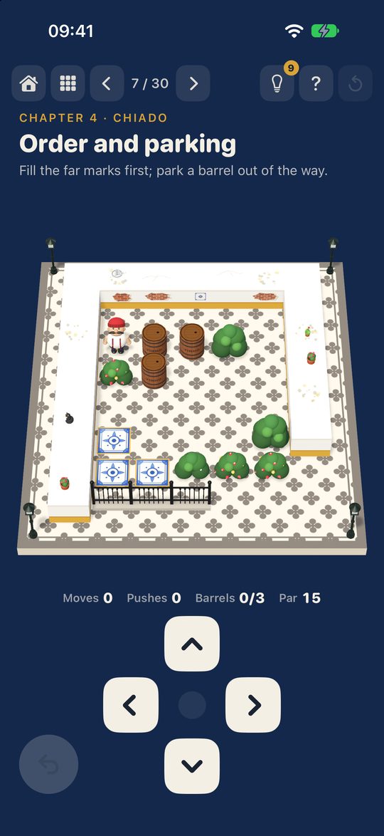 Chiado, level 7: three barrels, three azulejo cellar marks, and Pedro in his red cap